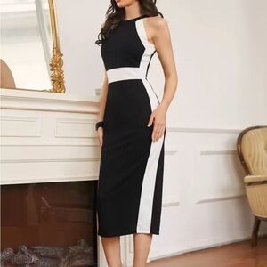 SHEIN Black and White Panel Midi Sheath Dress